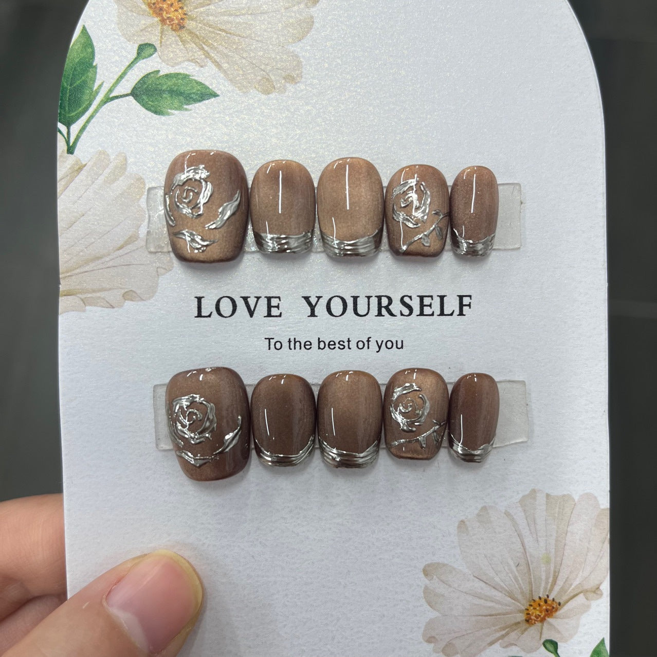 Velvet Taupe Silver Rose Press On Nails