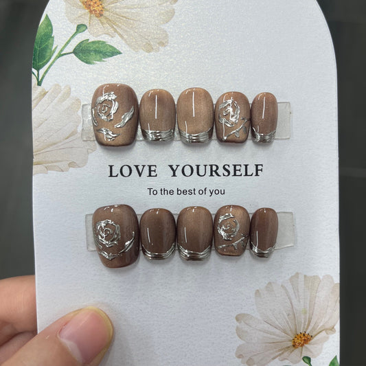 Velvet Taupe Silver Rose Press On Nails