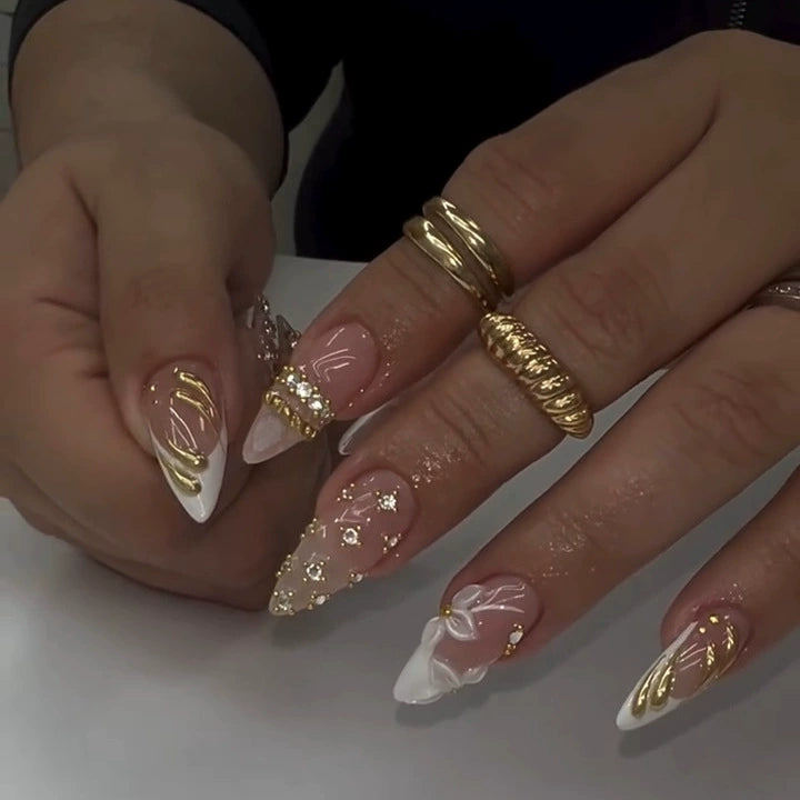 Golden Nude Orchid Crystal Press On Nails