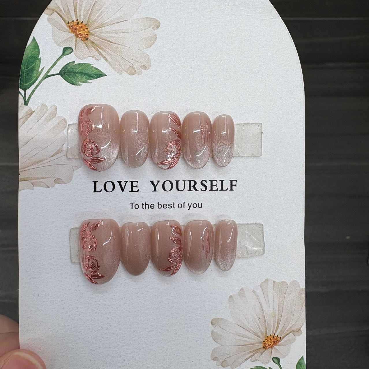 Velvet Nude Rose Gold Floral Press On Nails