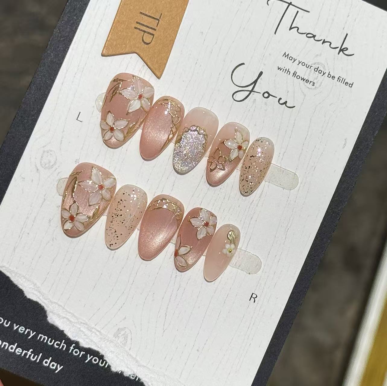 Velvet Peach Blossom Gold Flower Press On Nails