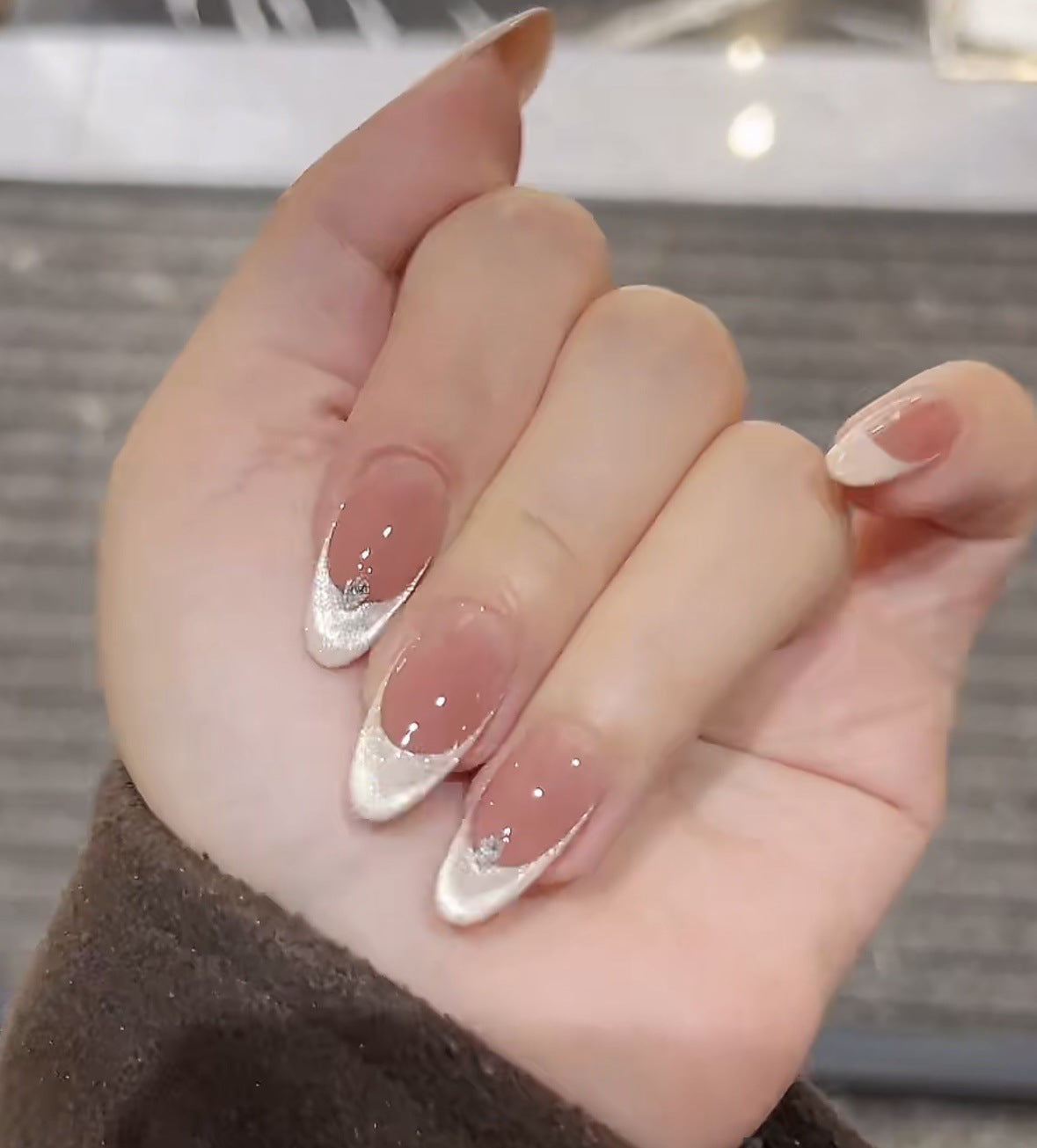 Velvet Nude White Glitter French Press On Nails
