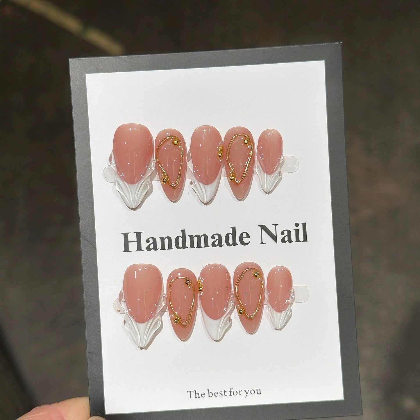 Velvet Peach Gold Curve White French Press On Nails