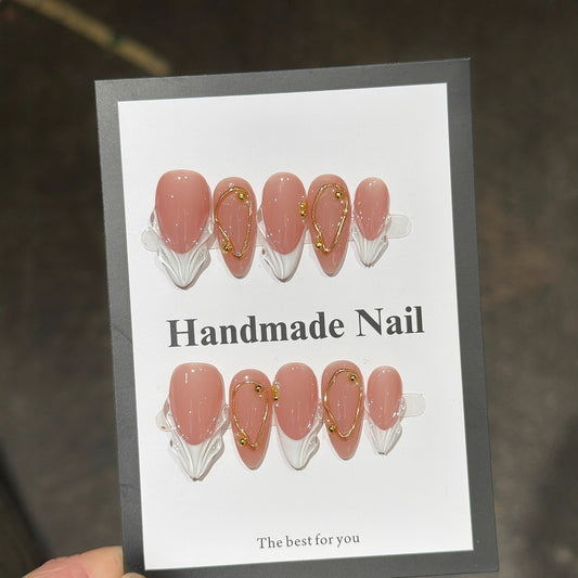 Velvet Peach Gold Curve White French Press On Nails