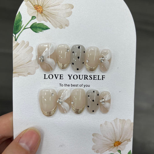 Velvet Nude White French Polka Dot Flower Press On Nails