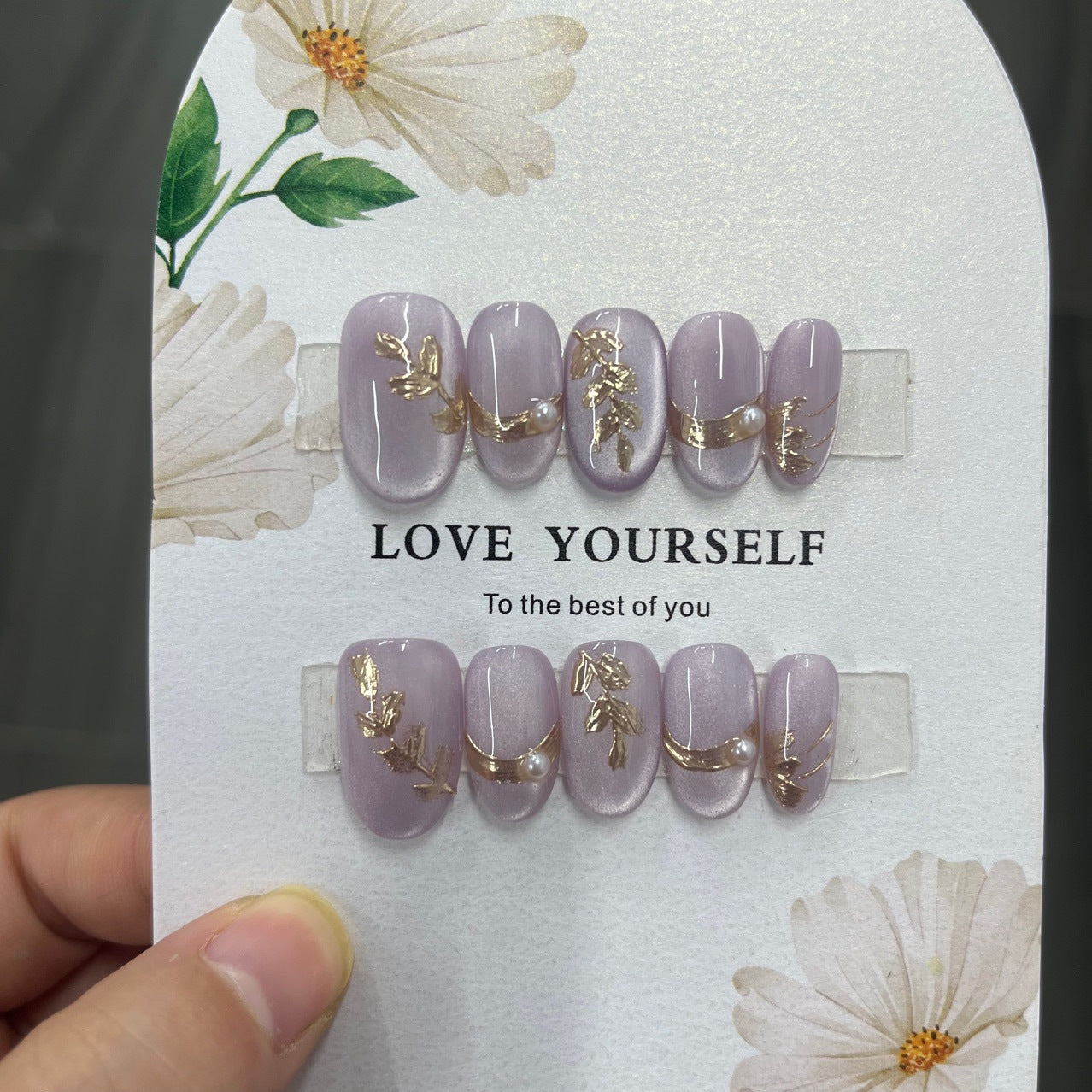 Velvet Lilac Gold Leaf Pearl Press On Nails