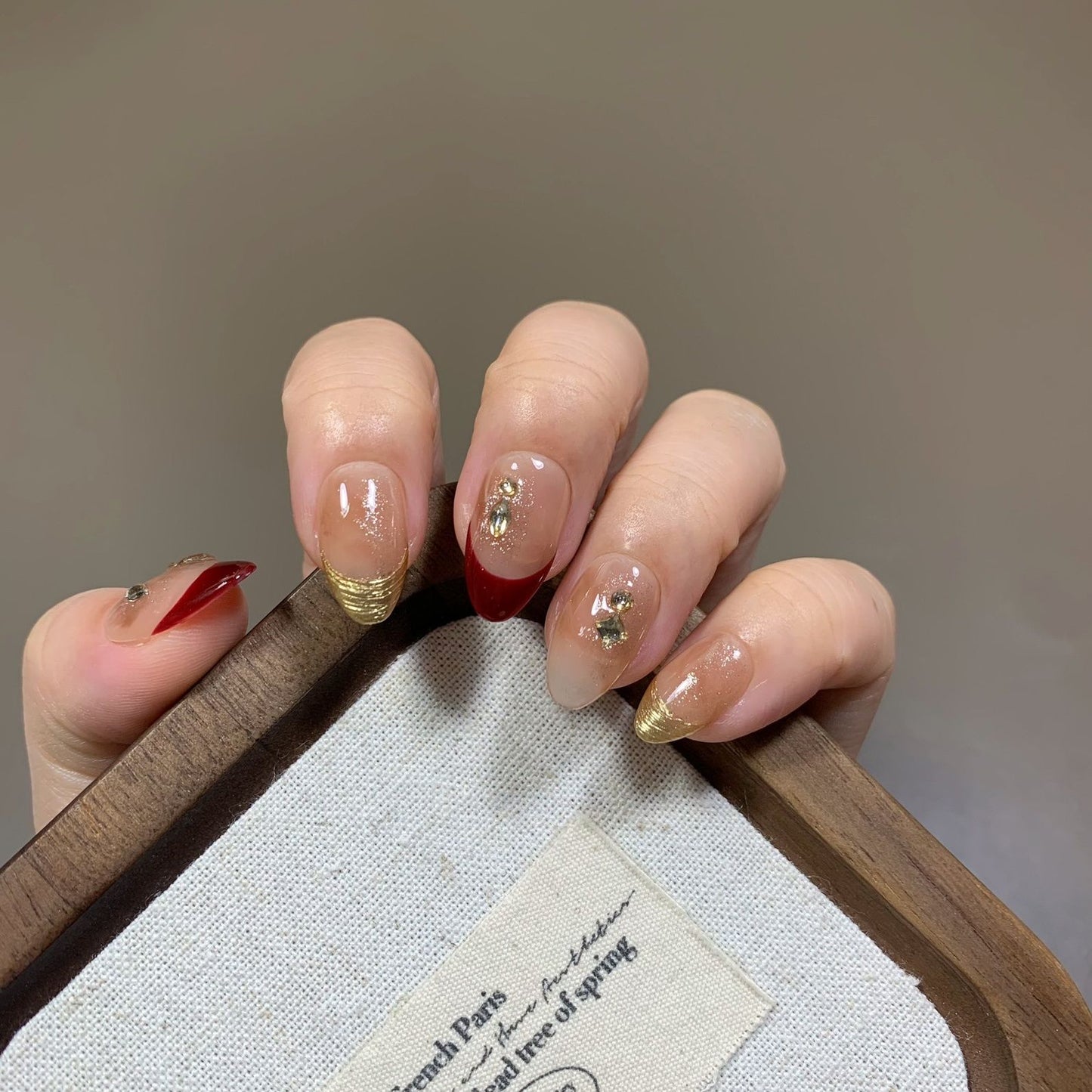 Velvet Nude Red Gold Glitter Gem Press On Nails