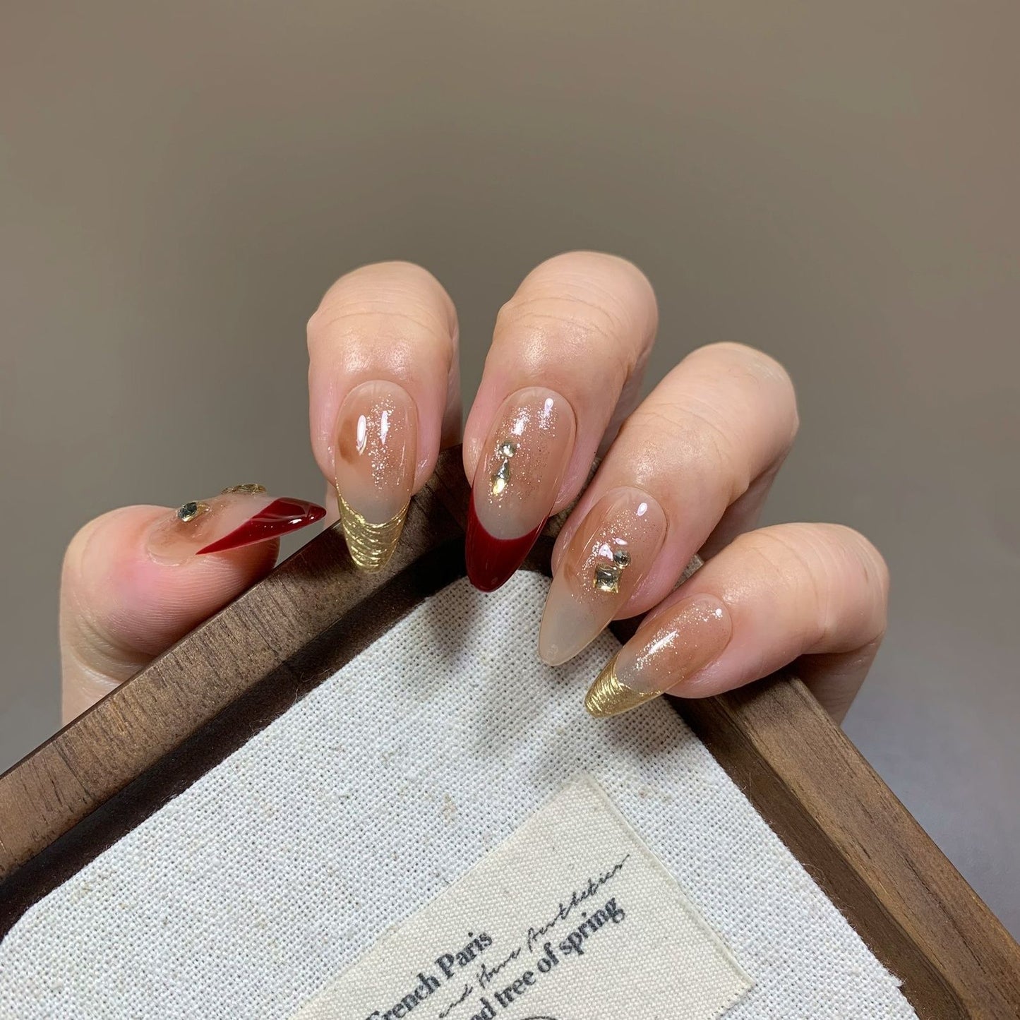 Velvet Nude Red Gold Glitter Gem Press On Nails