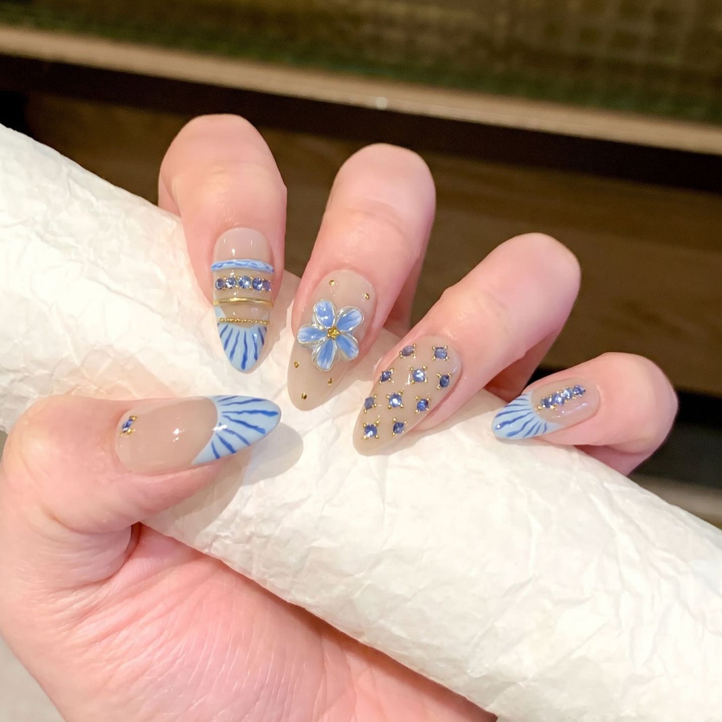 Velvet Nude Blue Porcelain Floral Press On Nails