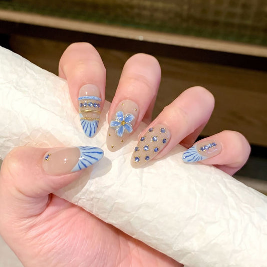 Velvet Nude Blue Porcelain Floral Press On Nails
