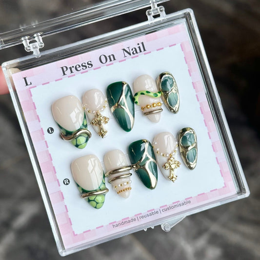 Emerald Gold Cross Press On Nails
