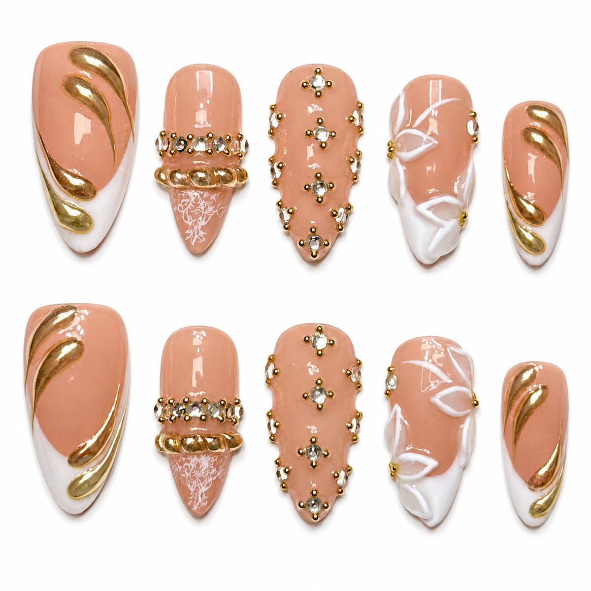 Golden Nude Orchid Crystal Press On Nails