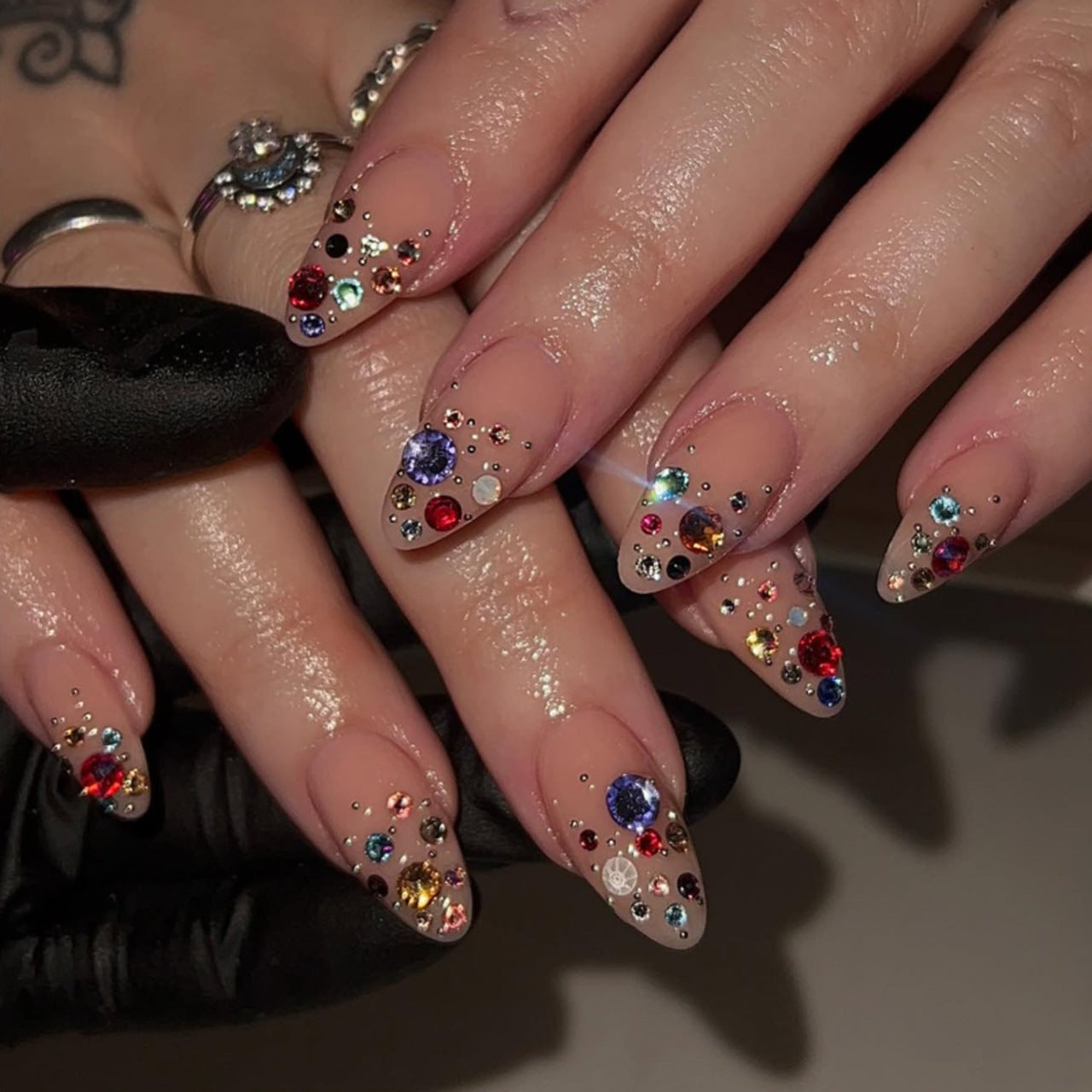 Rainbow Gemstone Nude Press On Nails