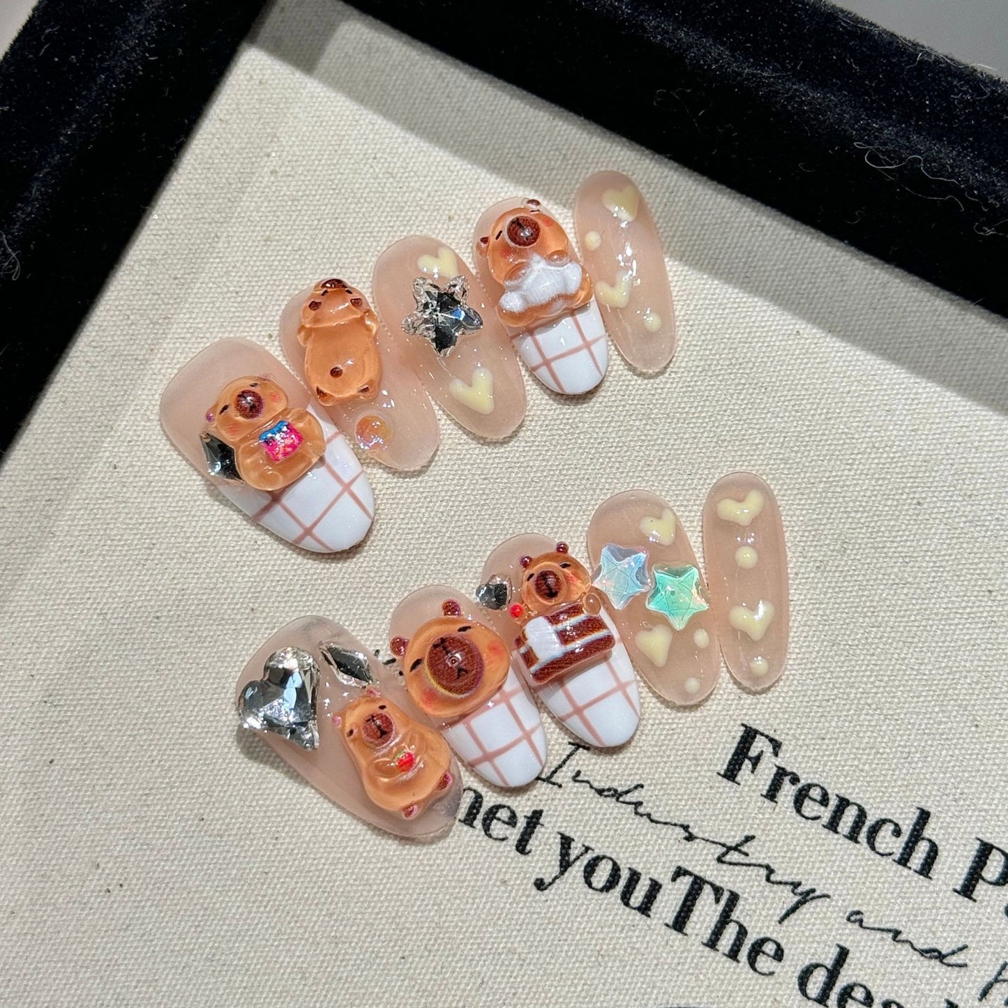 Velvet Nude Teddy Bear Heart Star Press On Nails