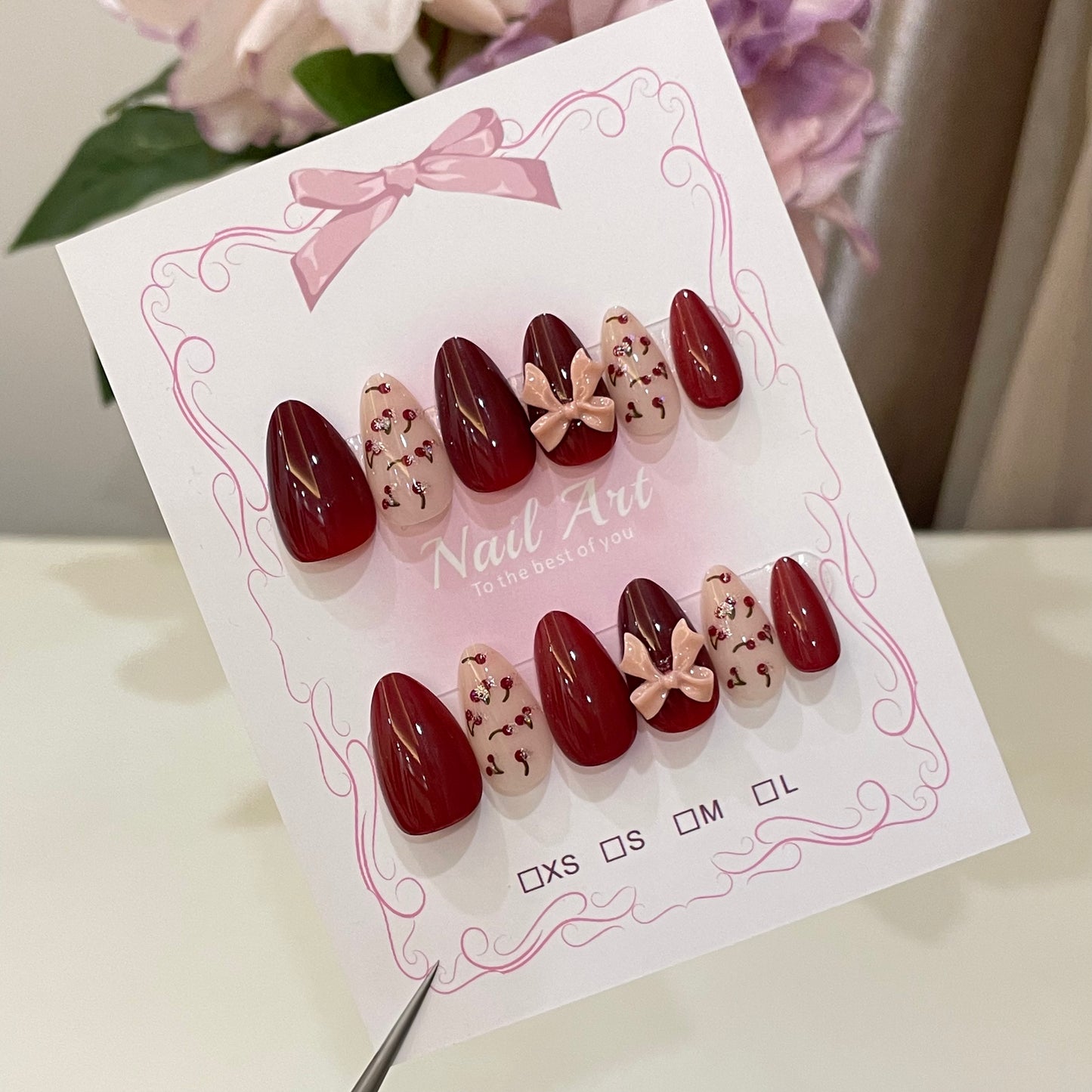 Burgundy Cherry Bow Press On Nails