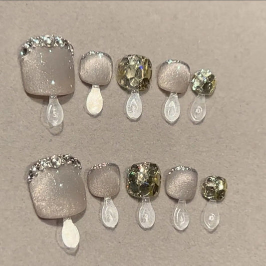 Velvet Nude Silver Crystal Glitter Square Press On Nails
