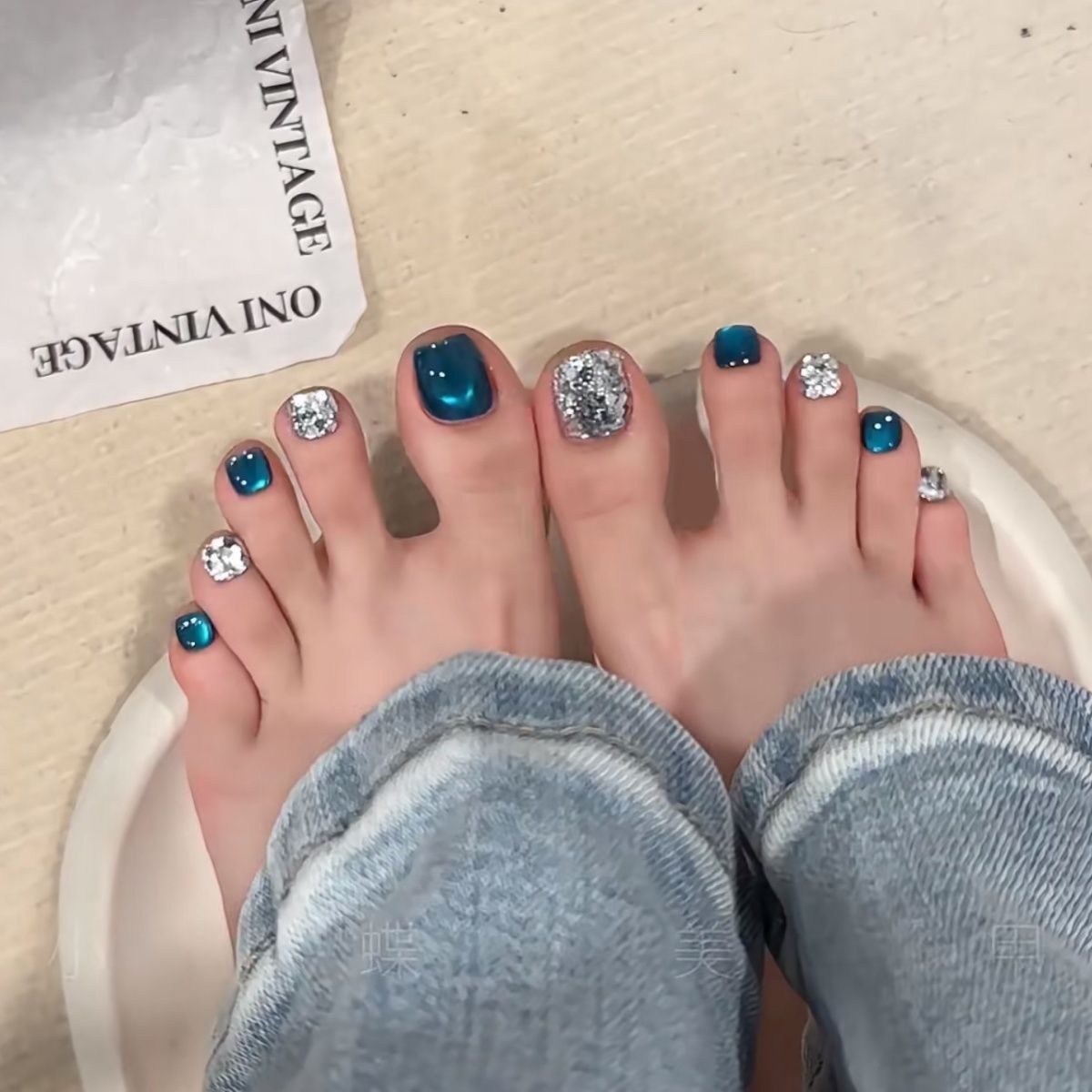 Ocean Blue Silver Crystal Toe Nails Press On Toenails