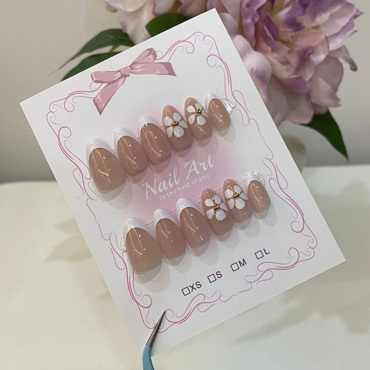 Nude French Flower Press On Nails