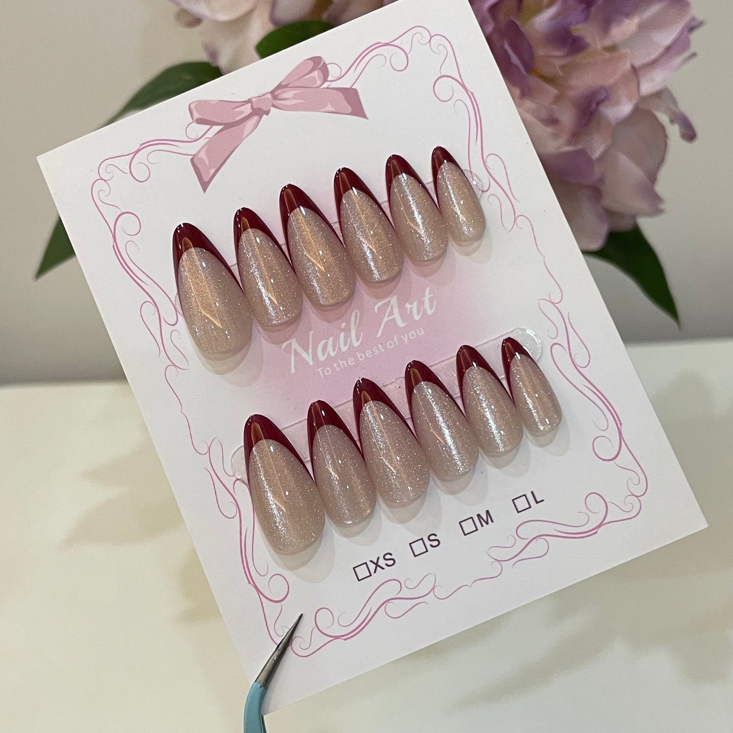 Nude Red Glitter French Press On Nails