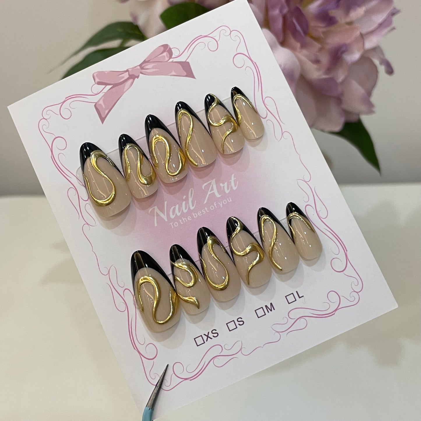 Velvet Nude Black Gold Swirl Press On Nails