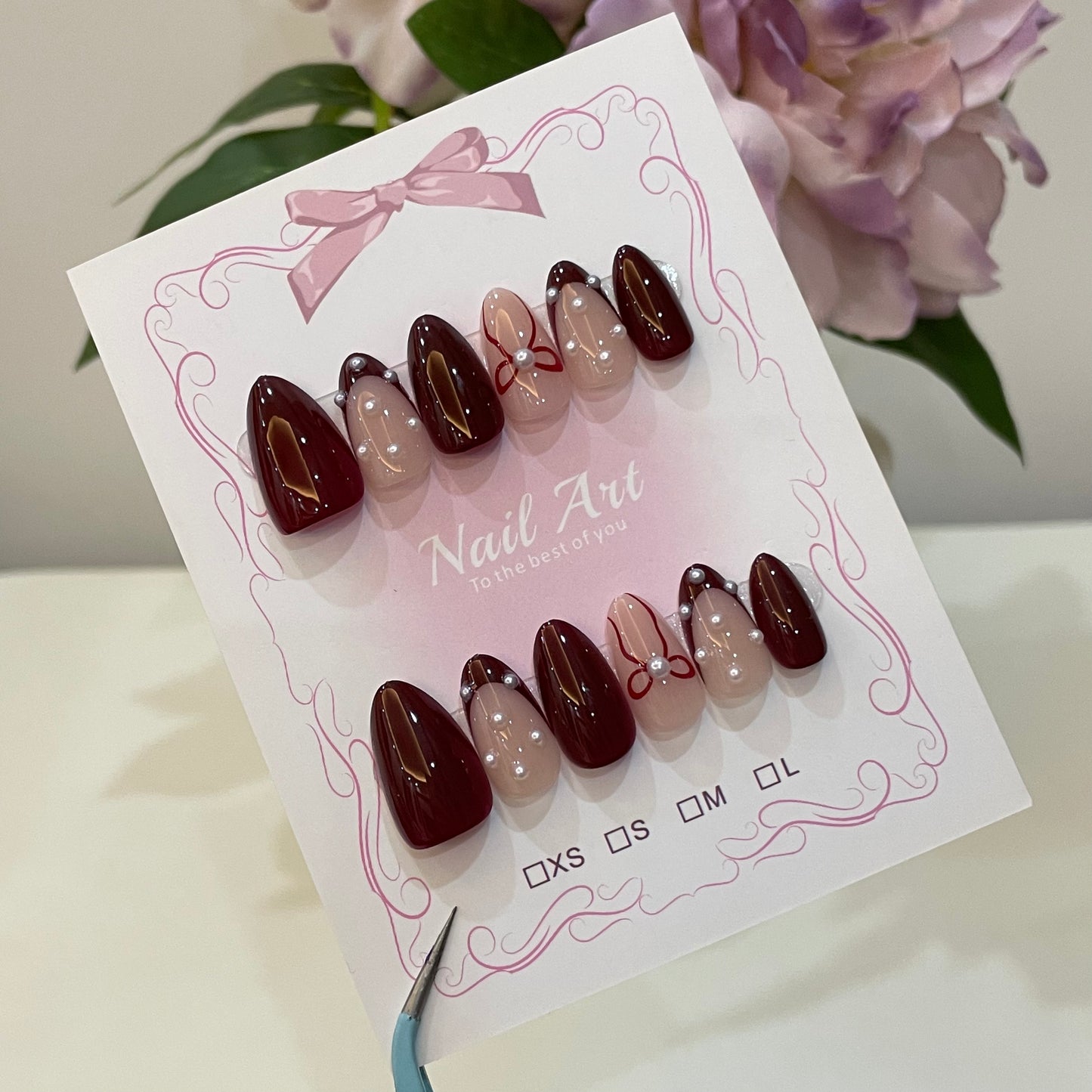 Velvet Burgundy Pearl Bow French Press On Nails