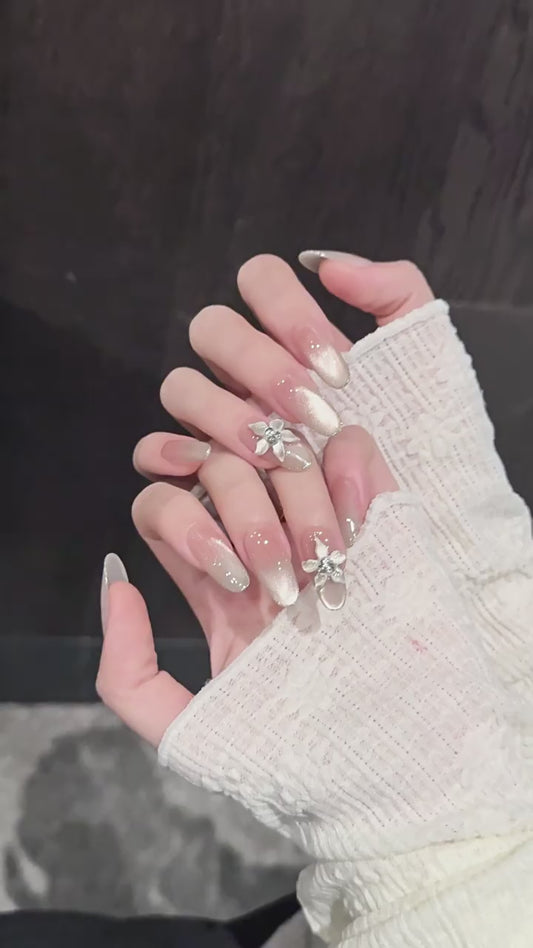 Velvet Nude White Flower Shimmer Press On Nails