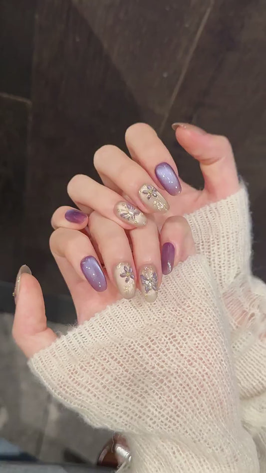 Velvet Lilac Purple Flower Cat Eye Press On Nails