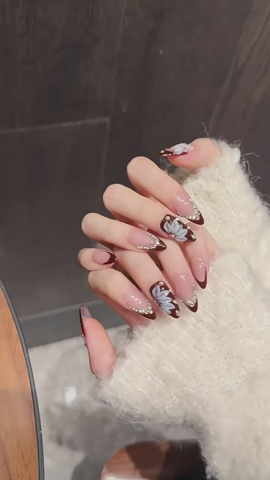 Burgundy French Floral Crystal Press On Nails