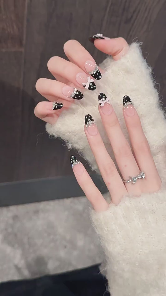 Nude Pink Polka Dot French Bow Press On Nails