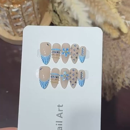 Velvet Nude Blue Porcelain Floral Press On Nails